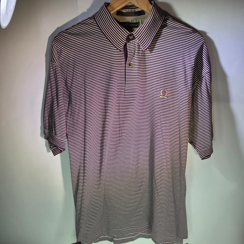 Vintage Tommy Hilfiger Lion Crest Polo Shirt Mens L Purple Micro Stripe 90s